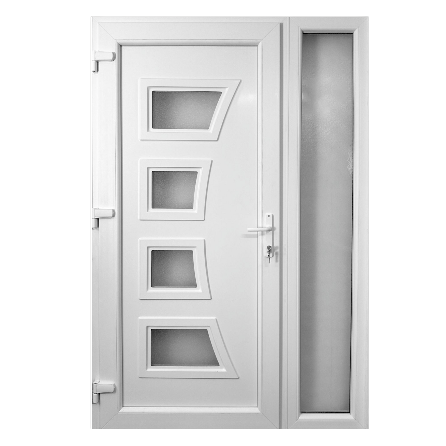 Kétszárnyú Műanyag bejárati ajtó - 4k íves kivitel - 70mm-es profil, 24mm-es panel, 2 rétegű üveg, zártszelvény merevítéssel