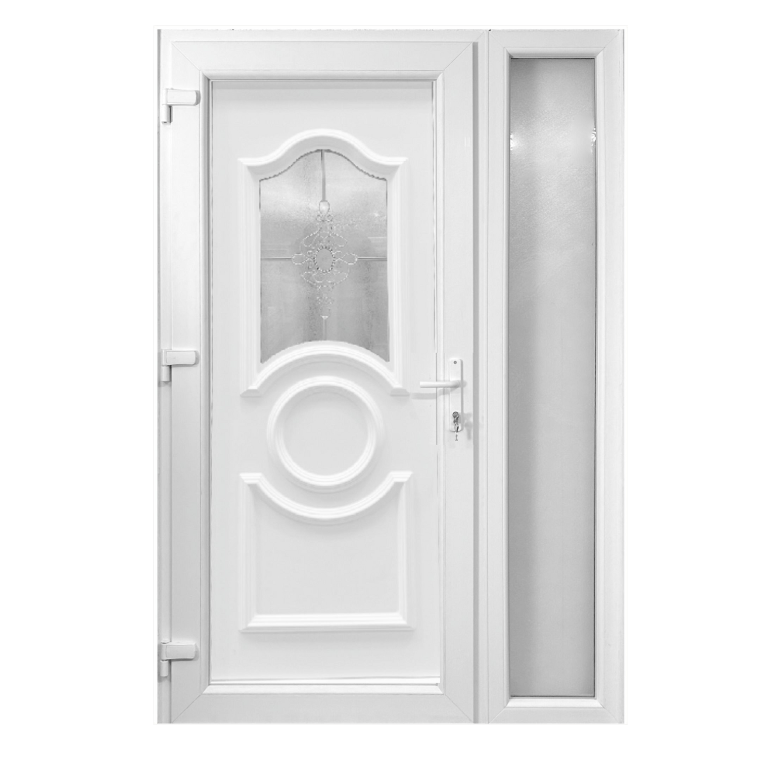 Kétszárnyú Műanyag bejárati ajtó - Arany díszes kivitel - 70mm-es profil, 24mm-es panel, 2 rétegű üveg, zártszelvény merevítéssel