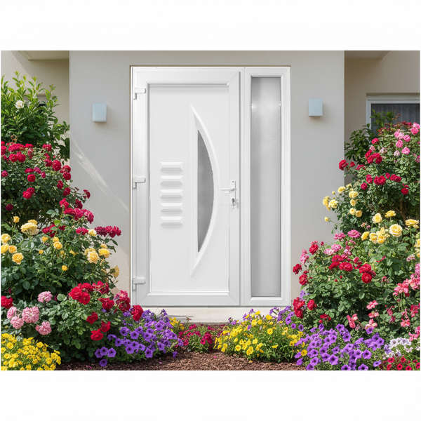 Kétszárnyú Műanyag bejárati ajtó - vitorlás kivitel- 70mm-es profil, 24mm-es panel, 2 rétegű üveg, zártszelvény merevítéssel