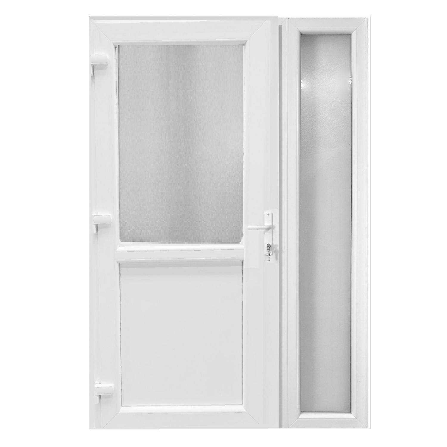 Kétszárnyú Műanyag bejárati ajtó - félig üveges kivitel - 70mm-es profil, 24mm-es panel, 2 rétegű üveg, zártszelvény merevítéssel