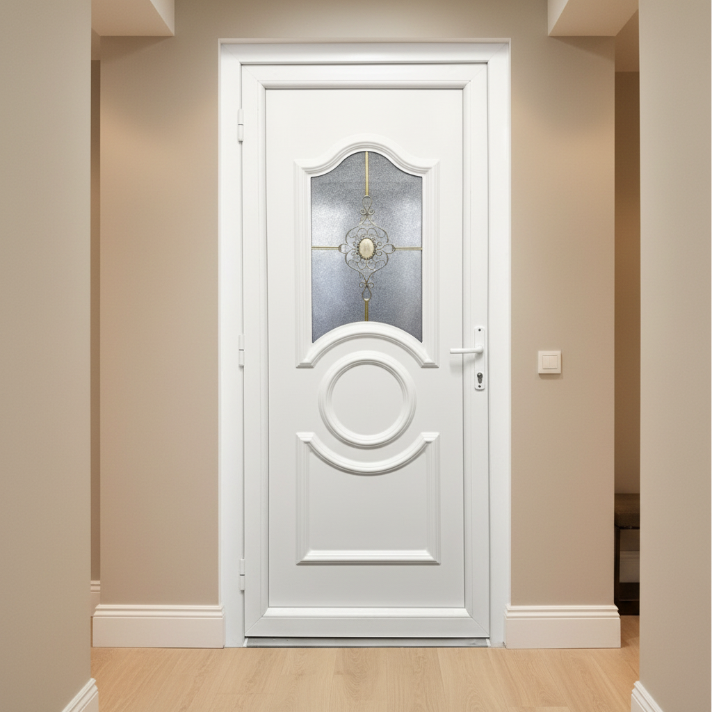 Műanyag bejárati ajtó - Arany díszes kivitel - 70mm-es profil, 24mm-es panel, 2 rétegű üveg, zártszelvény merevítéssel