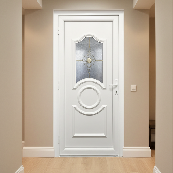 Műanyag bejárati ajtó - Arany díszes kivitel - 70mm-es profil, 24mm-es panel, 2 rétegű üveg, zártszelvény merevítéssel