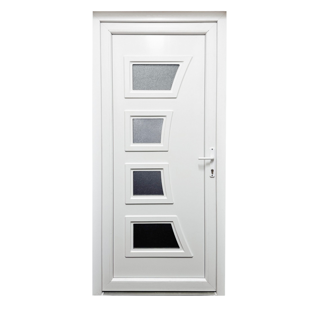 Műanyag bejárati ajtó - 4k íves kivitel - 70mm-es profil, 24mm-es panel, 2 rétegű üveg, zártszelvény merevítéssel