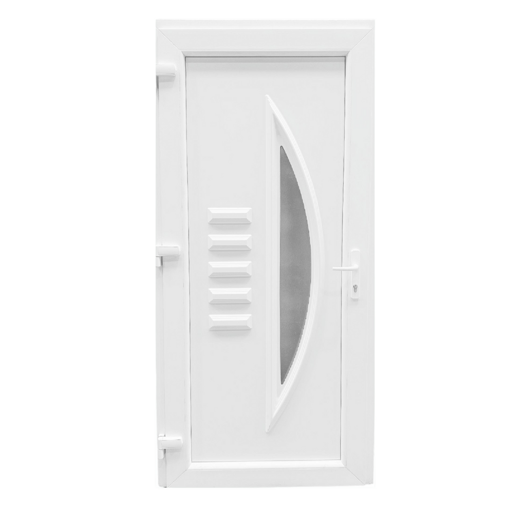 Műanyag bejárati ajtó - vitorlás kivitel- 70mm-es profil, 24mm-es panel, 2 rétegű üveg, zártszelvény merevítéssel