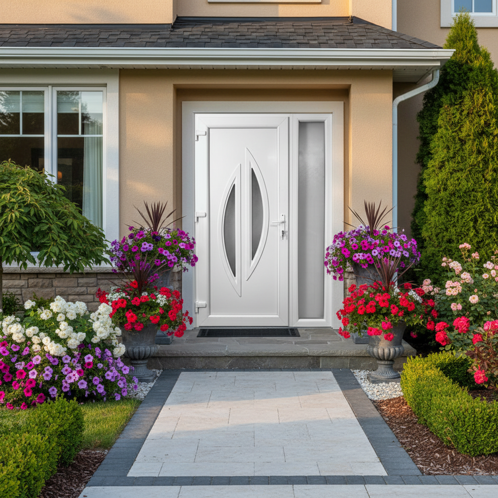 Kétszárnyú Műanyag bejárati ajtó - Ausbach kivitel - 70mm-es profil, 24mm-es panel, 2 rétegű üveg, zártszelvény merevítéssel