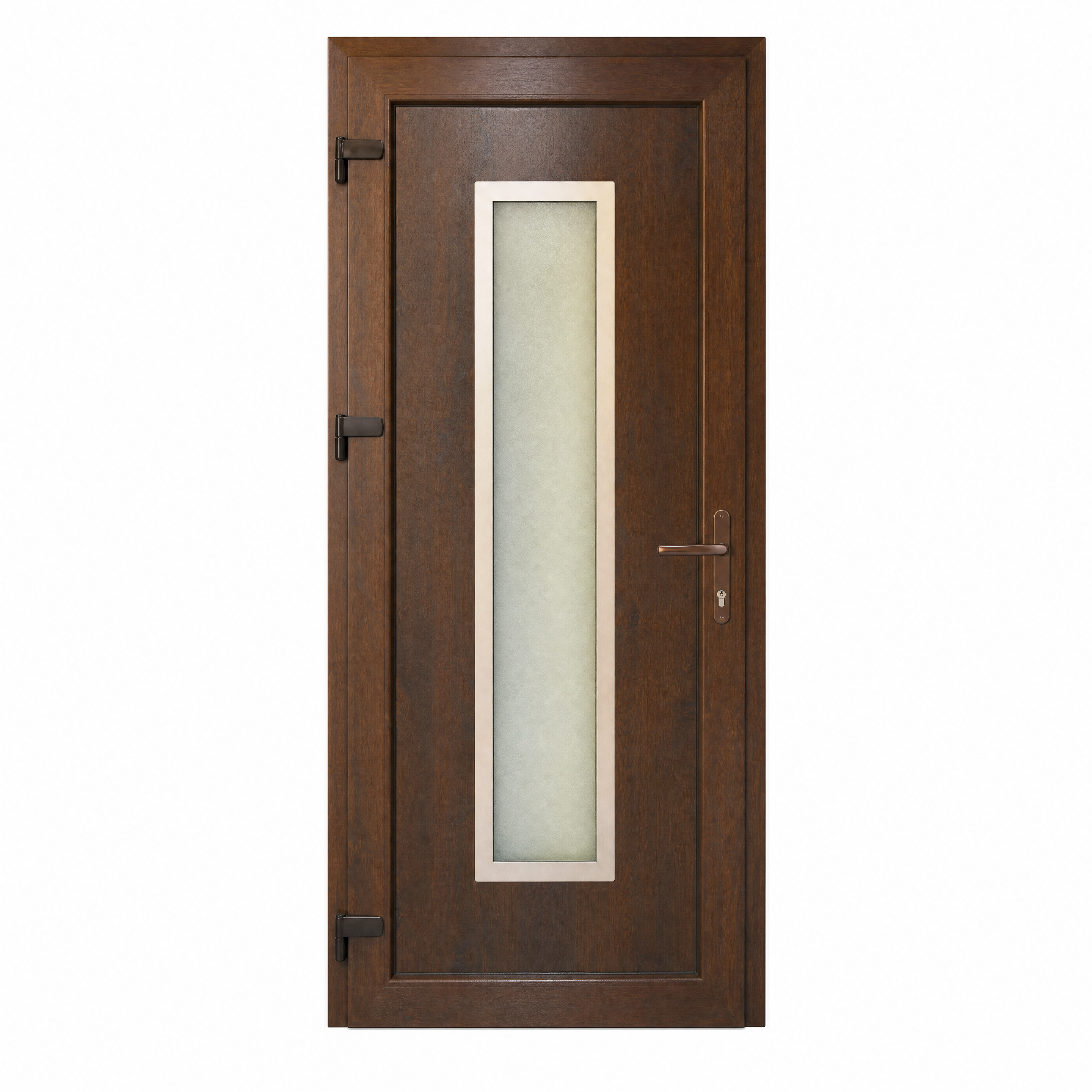 Műanyag bejárati ajtó - Dió-inox kivitel - 70mm-es profil, 24mm-es panel