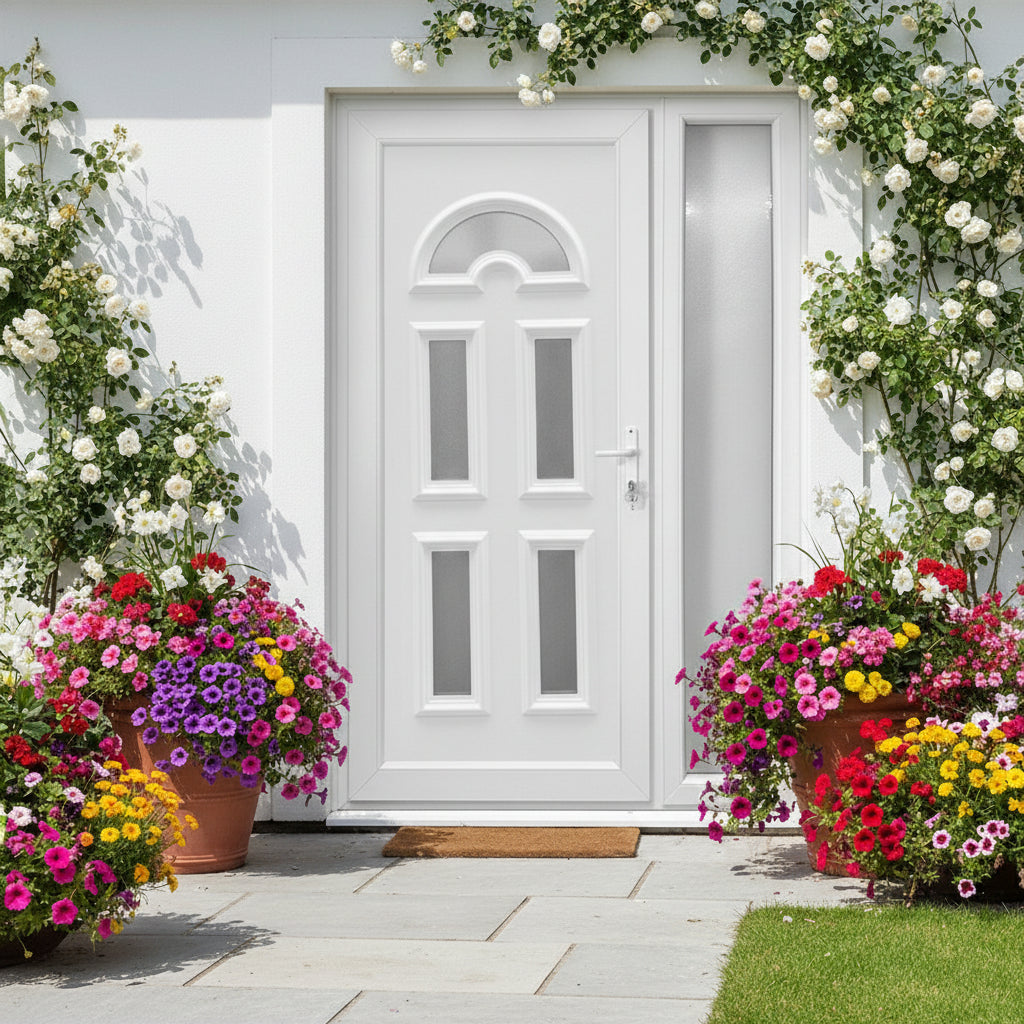 Kétszárnyú Műanyag bejárati ajtó - Köln5 kivitel - 70mm-es profil, 24mm-es panel, 2 rétegű üveg, zártszelvény merevítéssel