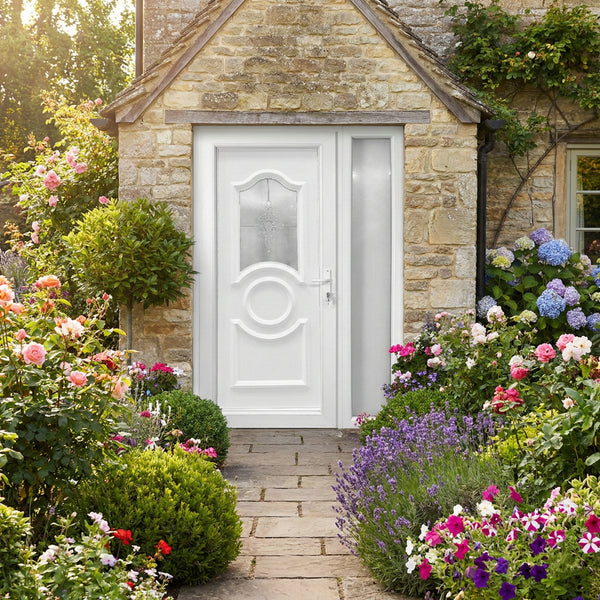 Kétszárnyú Műanyag bejárati ajtó - Arany díszes kivitel - 70mm-es profil, 24mm-es panel, 2 rétegű üveg, zártszelvény merevítéssel