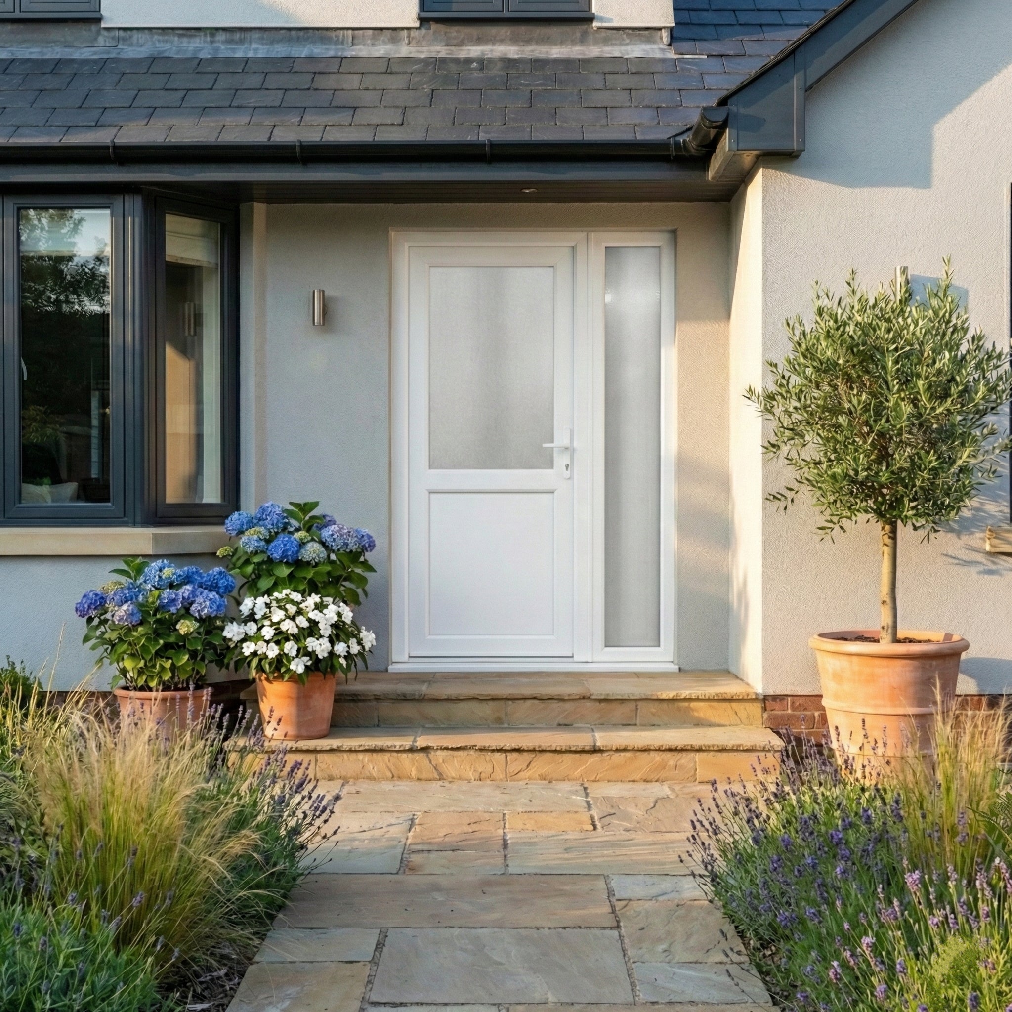 Kétszárnyú Műanyag bejárati ajtó - félig üveges kivitel - 70mm-es profil, 24mm-es panel, 2 rétegű üveg, zártszelvény merevítéssel