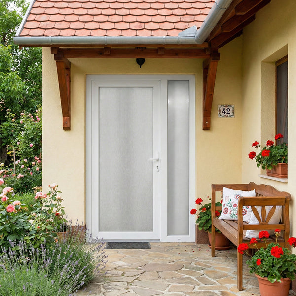 Kétszárnyú Műanyag bejárati ajtó - teli üveges kivitel - 70mm-es profil, 24mm-es panel, 2 rétegű üveg, zártszelvény merevítéssel