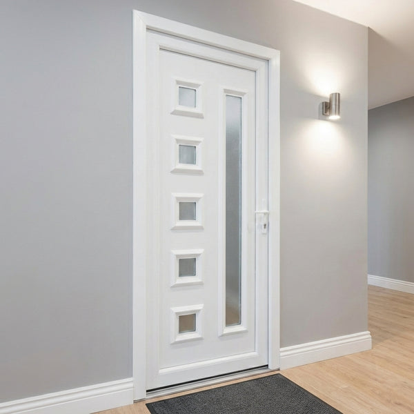 Műanyag bejárati ajtó - 5 kockás kivitel - 70mm-es profil, 24mm-es panel, 2 rétegű üveg, zártszelvény merevítéssel