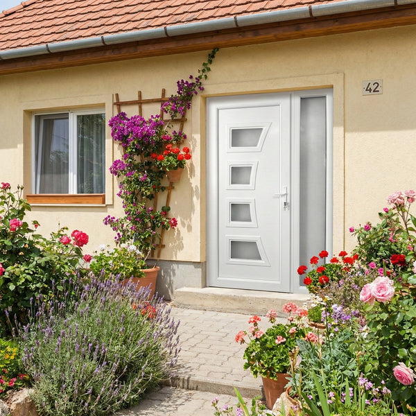 Kétszárnyú Műanyag bejárati ajtó - 4k íves kivitel - 70mm-es profil, 24mm-es panel, 2 rétegű üveg, zártszelvény merevítéssel