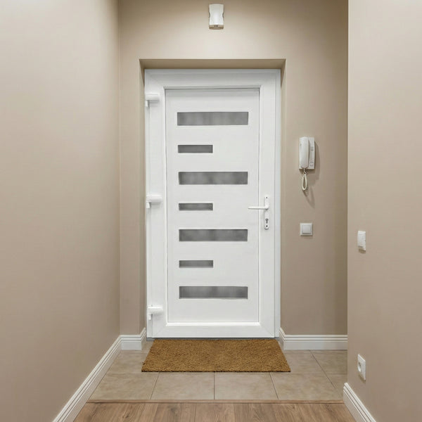 Műanyag bejárati ajtó - vékony csíkos kivitel - 70mm-es profil, 24mm-es panel, 2 rétegű üveg, zártszelvény merevítéssel