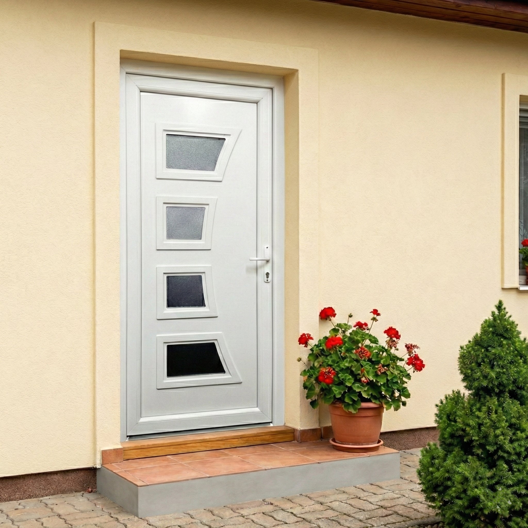 Műanyag bejárati ajtó - 4k íves kivitel - 70mm-es profil, 24mm-es panel, 2 rétegű üveg, zártszelvény merevítéssel