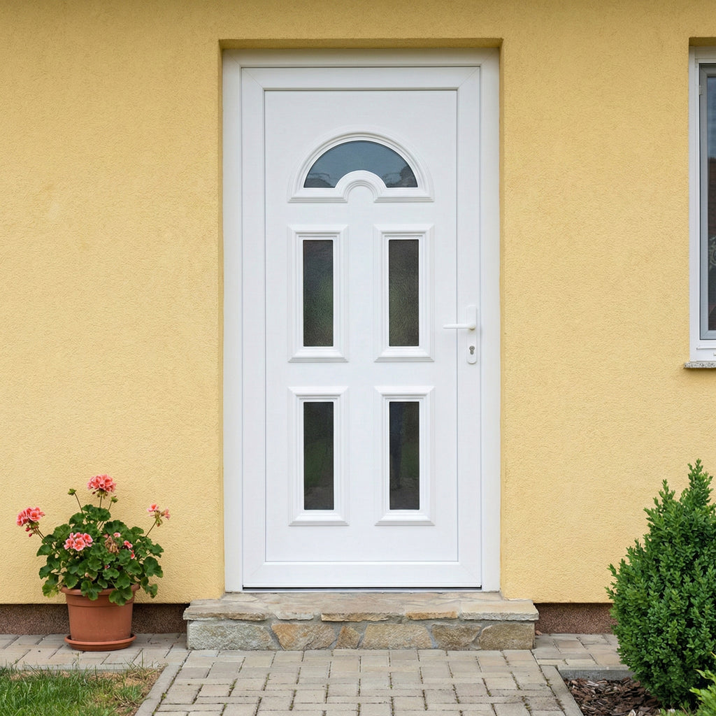 Műanyag bejárati ajtó - Köln5 kivitel - 70mm-es profil, 24mm-es panel, 2 rétegű üveg, zártszelvény merevítéssel