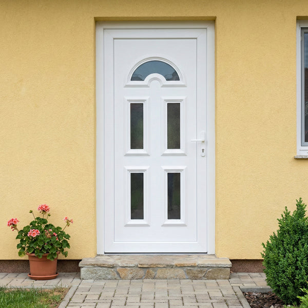 Műanyag bejárati ajtó - Köln5 kivitel - 70mm-es profil, 24mm-es panel, 2 rétegű üveg, zártszelvény merevítéssel