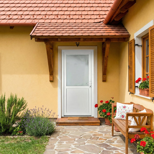 Műanyag bejárati ajtó - félig üveges kivitel - 70mm-es profil, 24mm-es panel, 2 rétegű üveg, zártszelvény merevítéssel