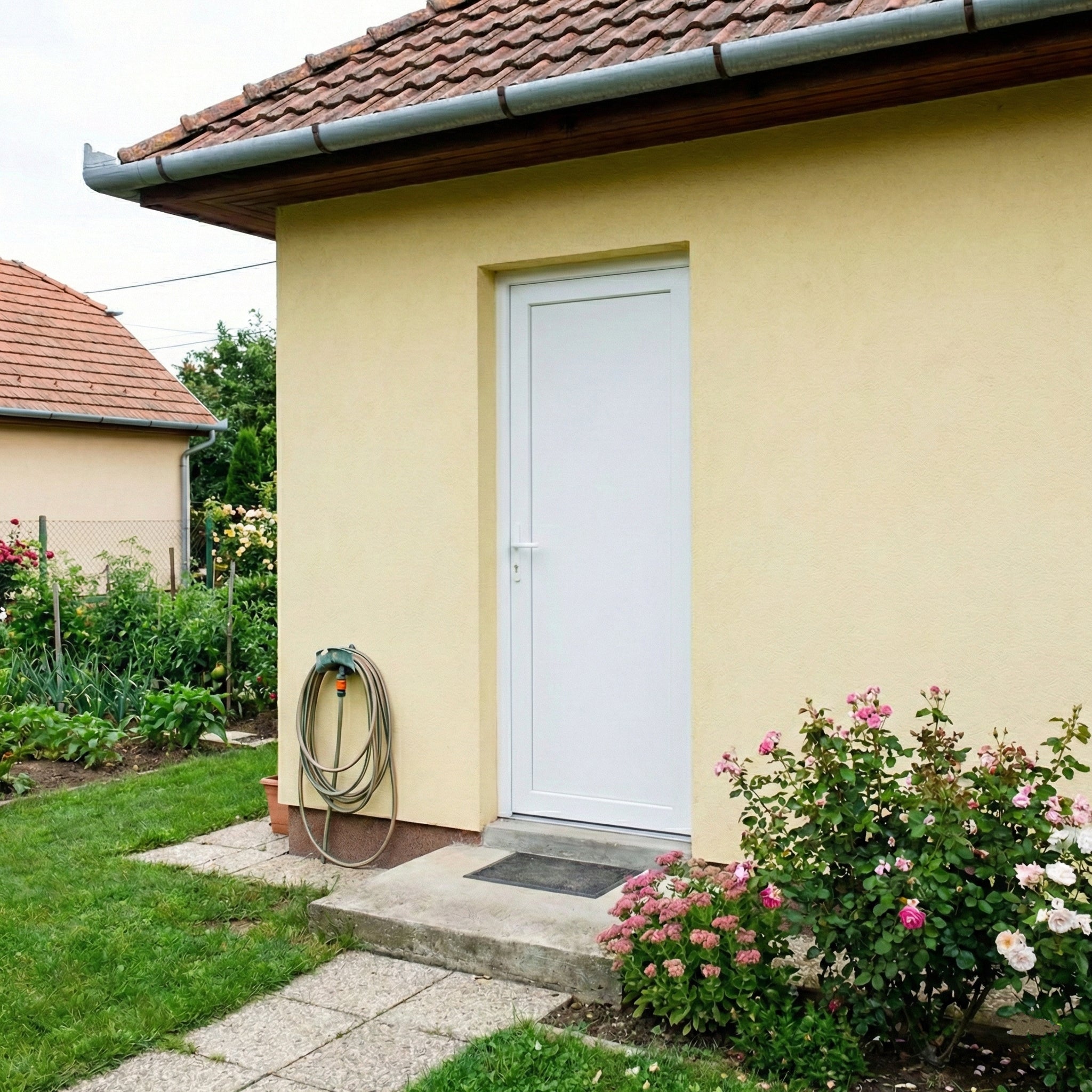 Műanyag bejárati ajtó - Teli zárt kivitel - 70mm-es profil, 24mm-es panel, 2 rétegű üveg, zártszelvény merevítéssel