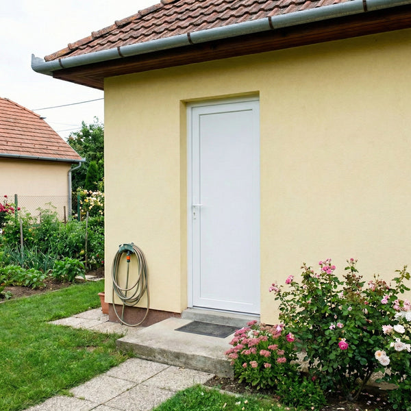 Műanyag bejárati ajtó - Teli zárt kivitel - 70mm-es profil, 24mm-es panel, 2 rétegű üveg, zártszelvény merevítéssel