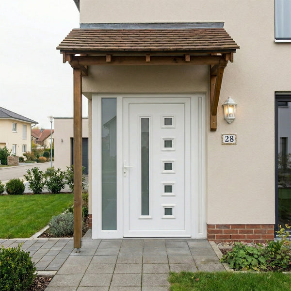 Kétszárnyú Műanyag bejárati ajtó - 5 kockás kivitel - 70mm-es profil, 24mm-es panel, 2 rétegű üveg, zártszelvény merevítéssel